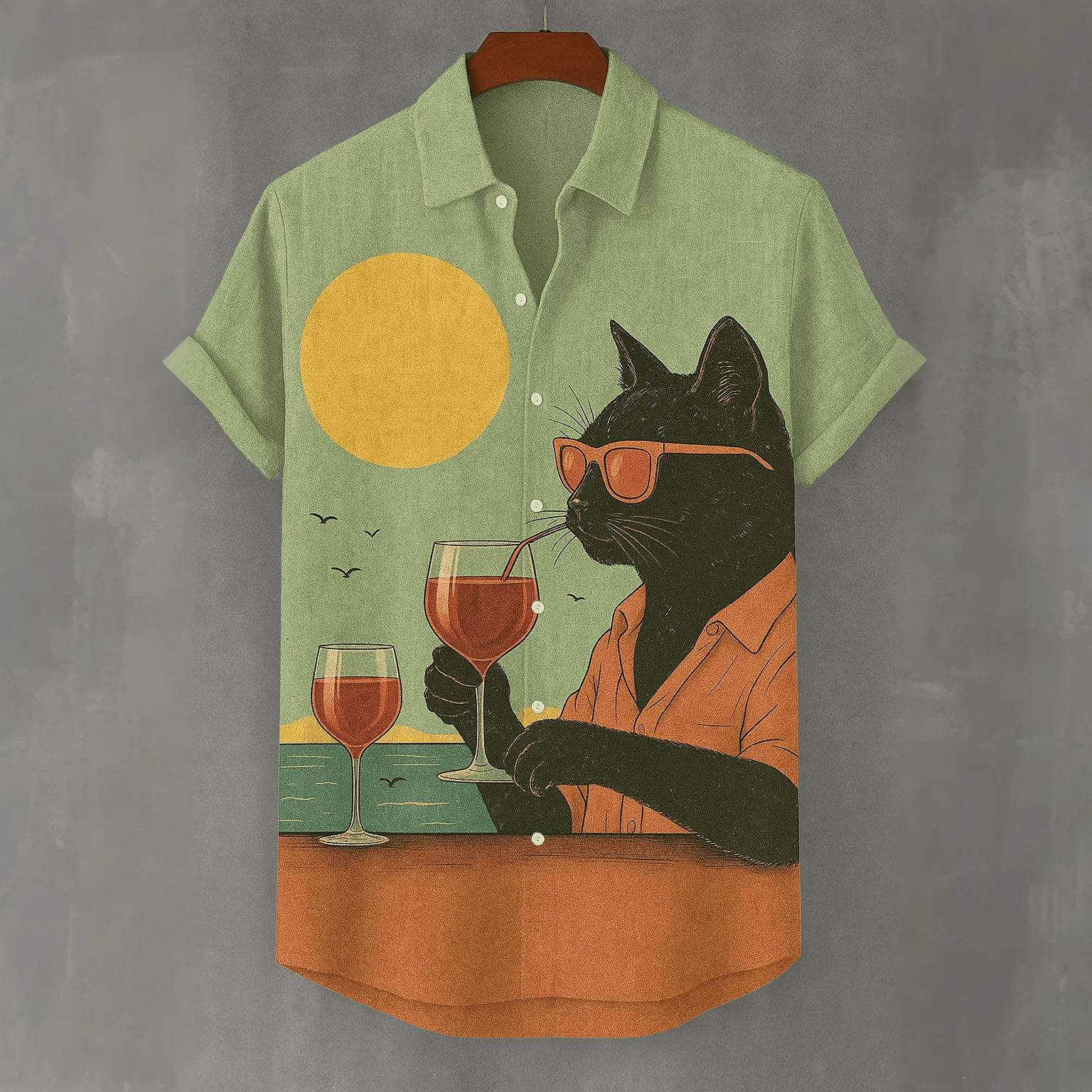 Black Cat Cocktail Sunset Seaside Holiday Art Shirt - Green - 4XL - image 1