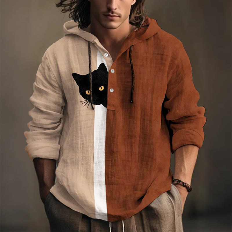 Playful Hide-and-Seek Black Cat Print Hoodie - Brown - 5XL - image 1