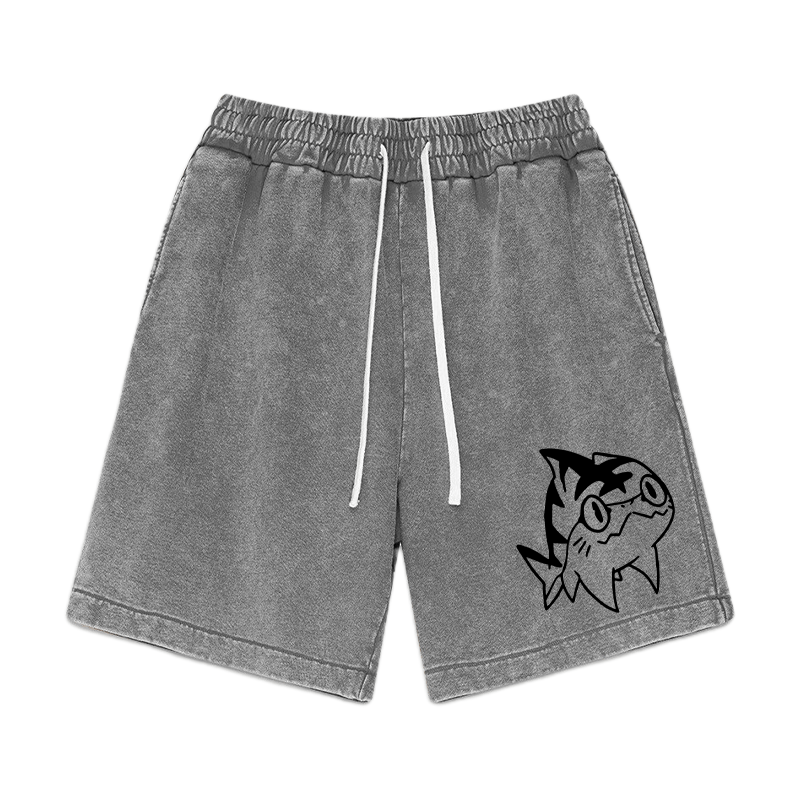Goofy Shark Graphic Vintage Washed Shorts - Grey - 3XL - image 2