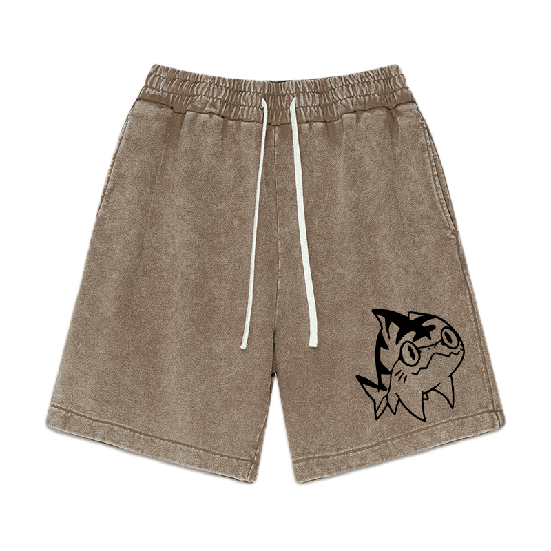Goofy Shark Graphic Vintage Washed Shorts - Brown - 3XL - image 3