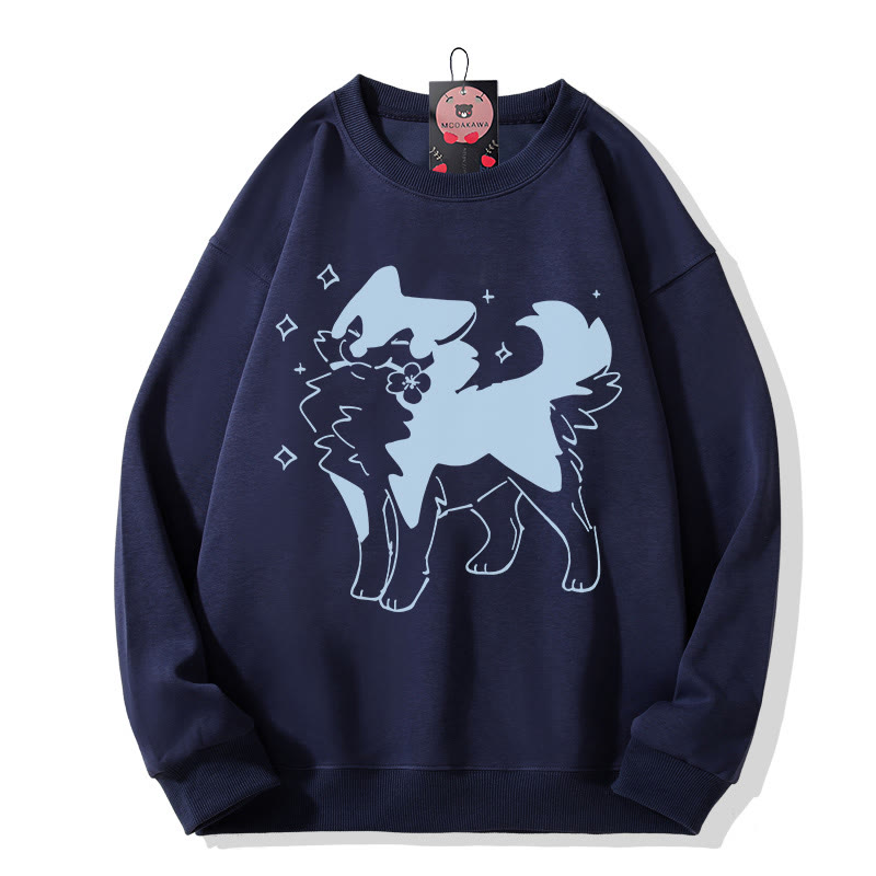 Playful Puppy With Flower Graphic Round Collar Sweatshirt - Purplish Blue - 5XL - image 2