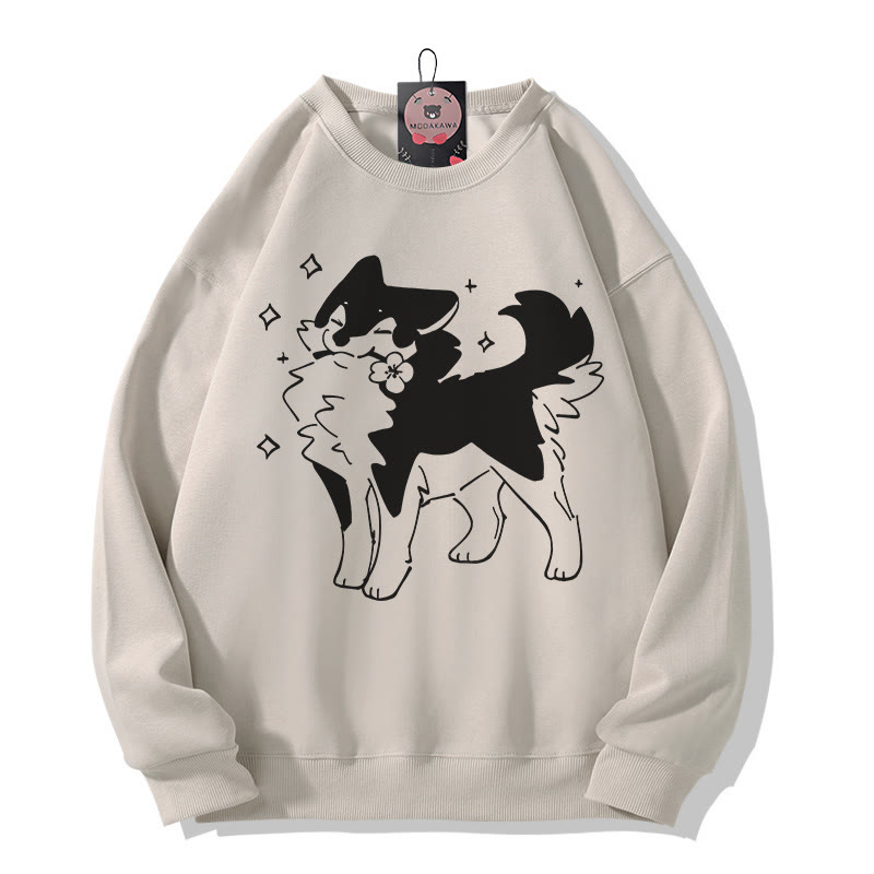 Playful Puppy With Flower Graphic Round Collar Sweatshirt - Light Beige - 5XL - image 1