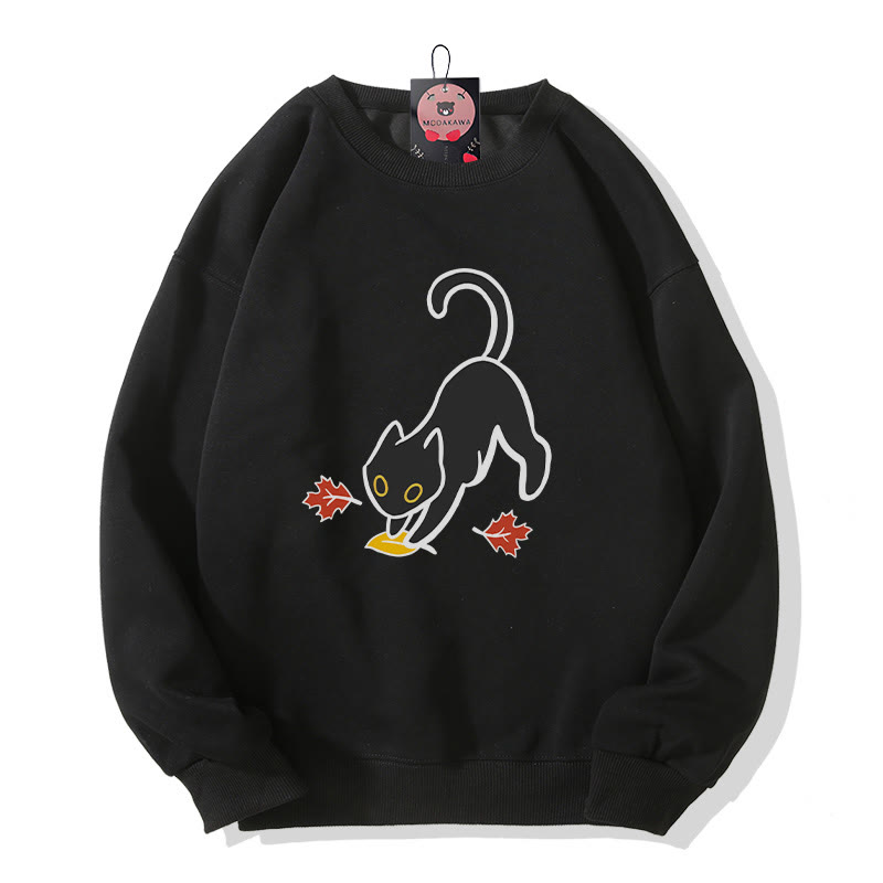 Black Cat Pouncing On Leaf Halloween Graphic Round Collar Sweatshirt - Black - 5XL - image 2
