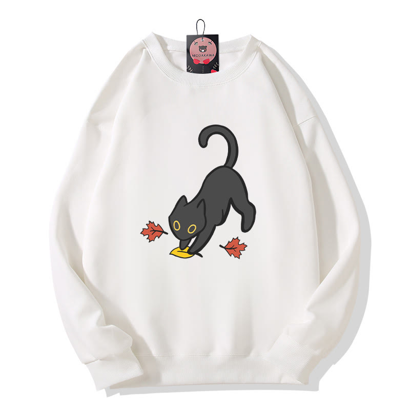 Black Cat Pouncing On Leaf Halloween Graphic Round Collar Sweatshirt - White - 5XL - image 1
