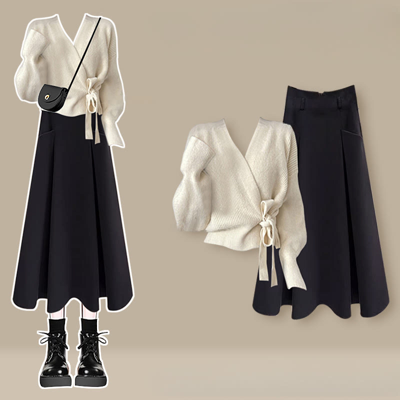 Knit Lace-up Cardigan Pocket Skirt Matching Outfit - Set B - 3XL - image 2