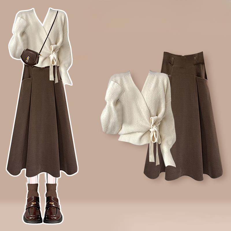 Knit Lace-up Cardigan Pocket Skirt Matching Outfit - Set A - 3XL - image 1