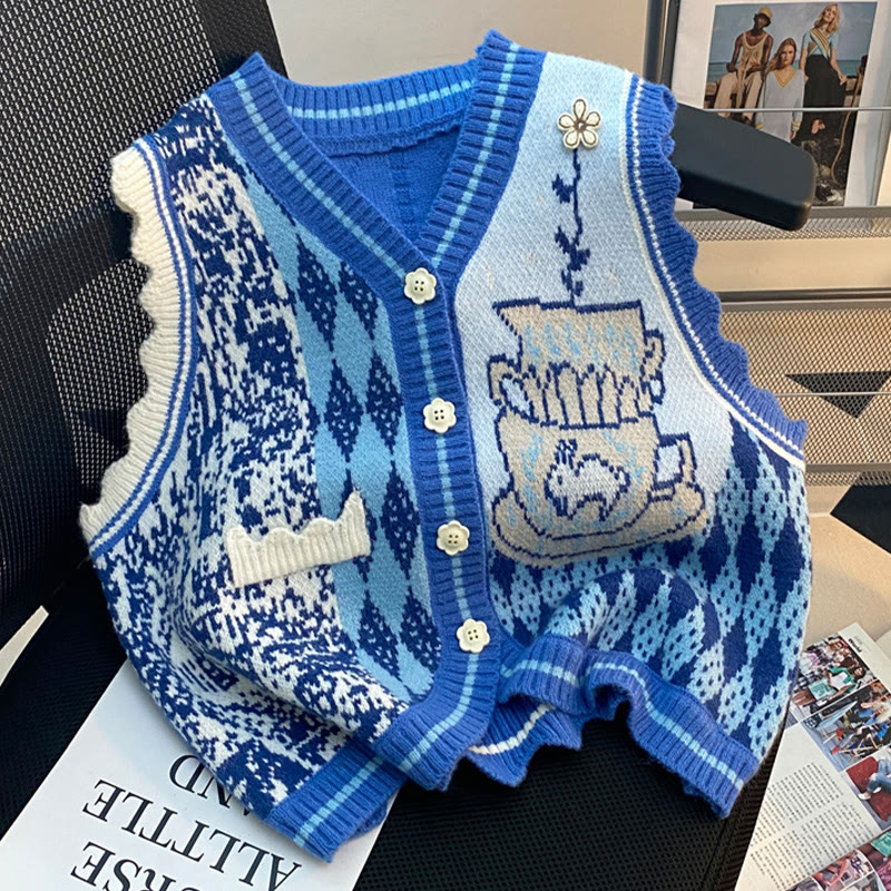 V-neck Color Block Knit Vest - Blue - One Size - image 1