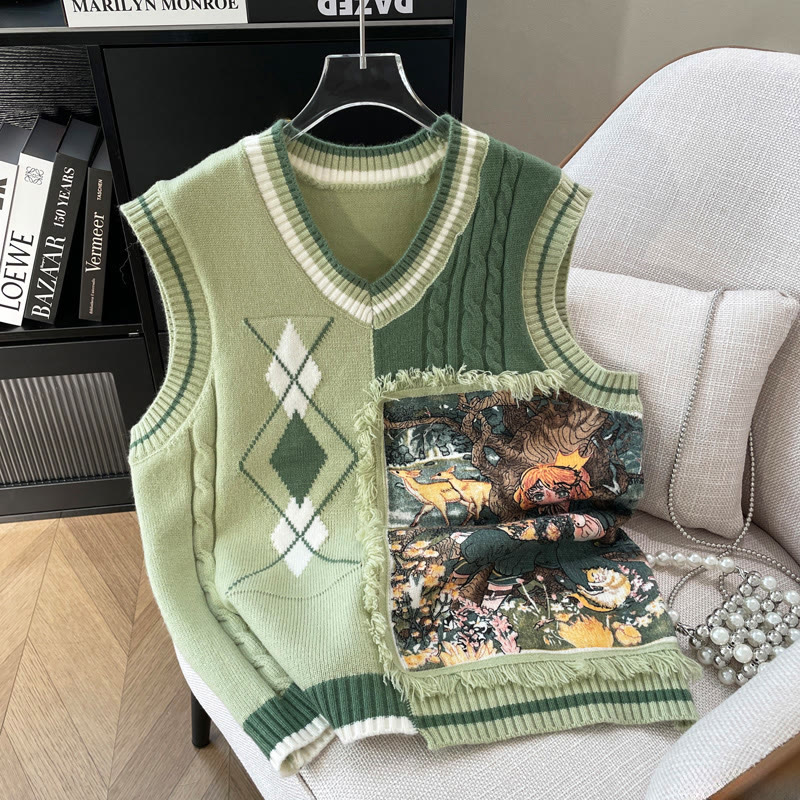 V-neck Color Block Tassel Knit Vest - Green - One Size - image 1