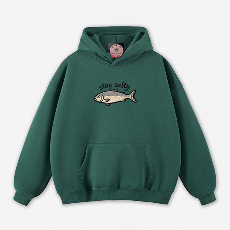 STAY SALTY Dead Fish Graphic Loose Hoodie - Green - 5XL - image 7