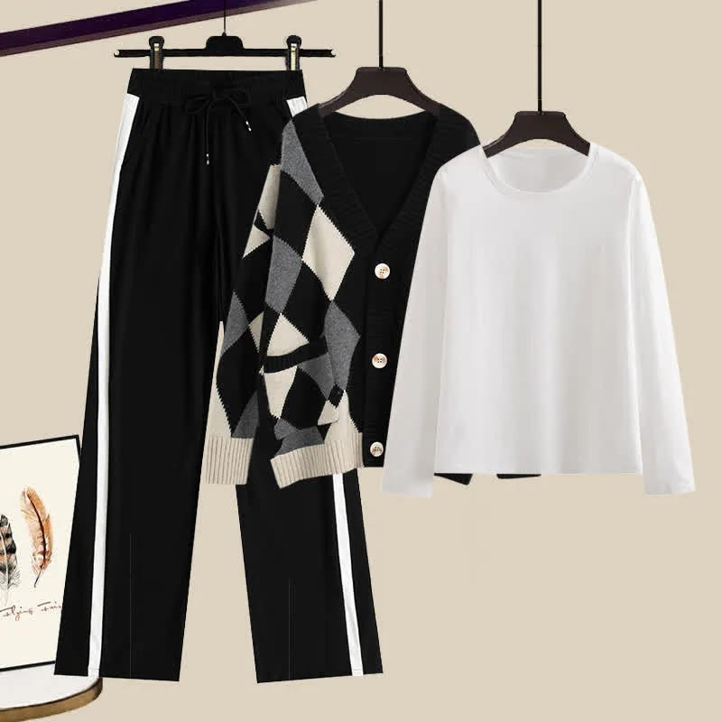 Rhombus Print Cardigan Sweater Long Sleeve T-Shirt Casual Pants Matching Outfit - Set - XL - image 3