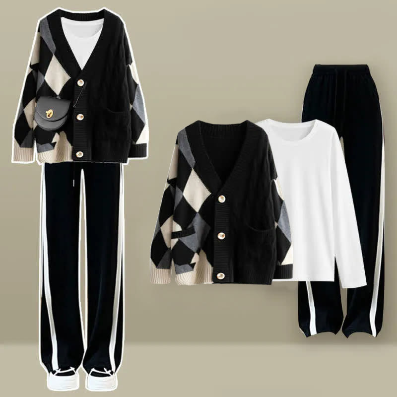 Rhombus Print Cardigan Sweater Long Sleeve T-Shirt Casual Pants Matching Outfit - image 1
