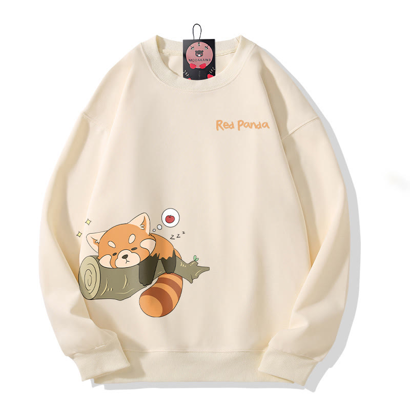 Red Panda Sleeping On Log Graphic Round Collar Sweatshirt - Beige - 5XL - image 1