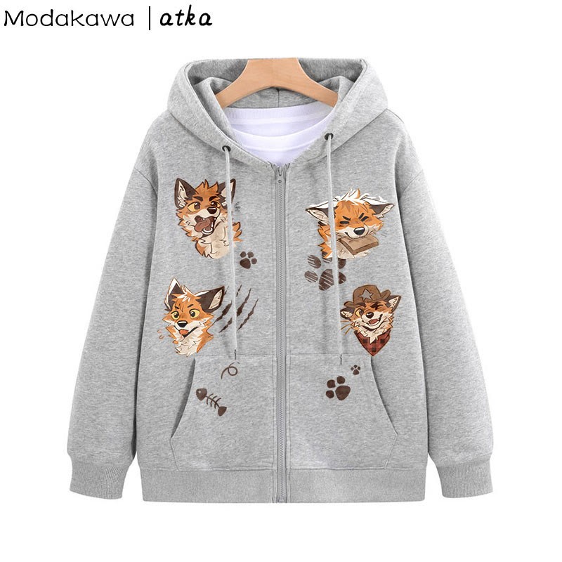 MODAKAWA X atka Playful Fox Graphic Zip Up Hoodie Sweatshirt - Grey - 5XL - image 2