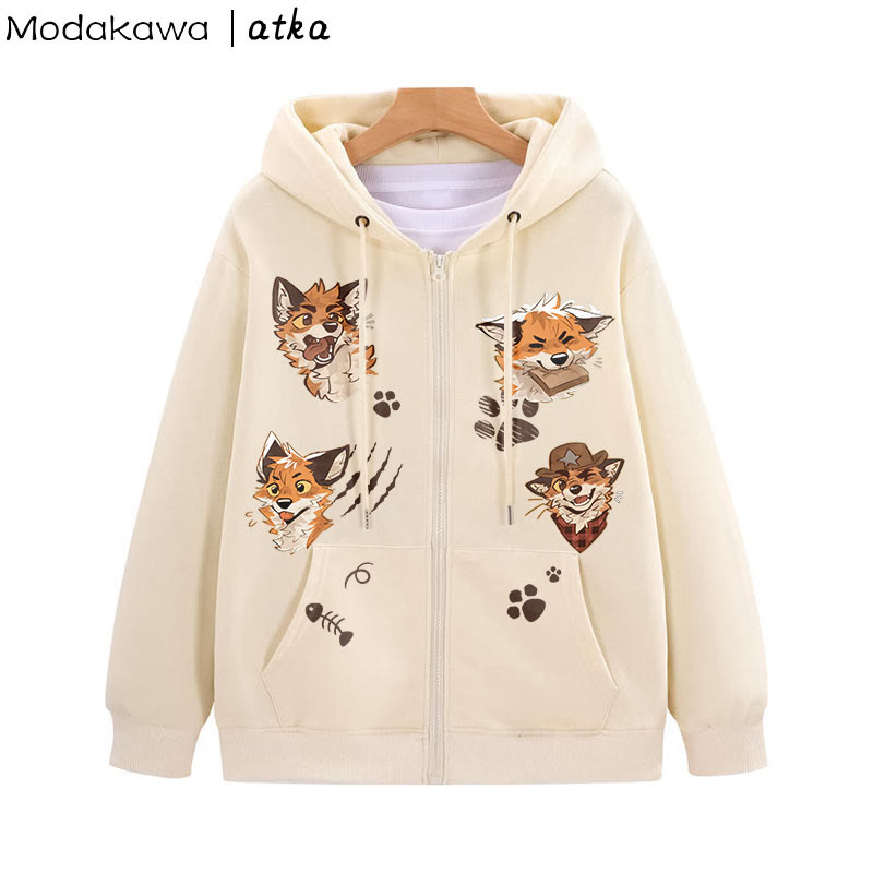 MODAKAWA X atka Playful Fox Graphic Zip Up Hoodie Sweatshirt - Apricot - 5XL - image 1
