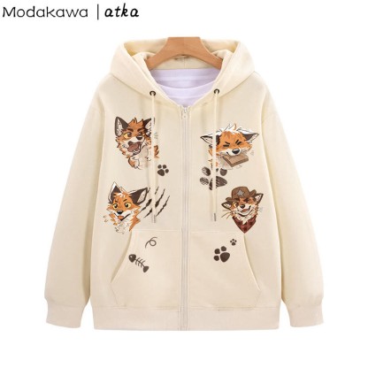 MODAKAWA X atka Playful Fox Graphic Zip Up Hoodie Sweatshirt - Apricot - 5XL - image 1