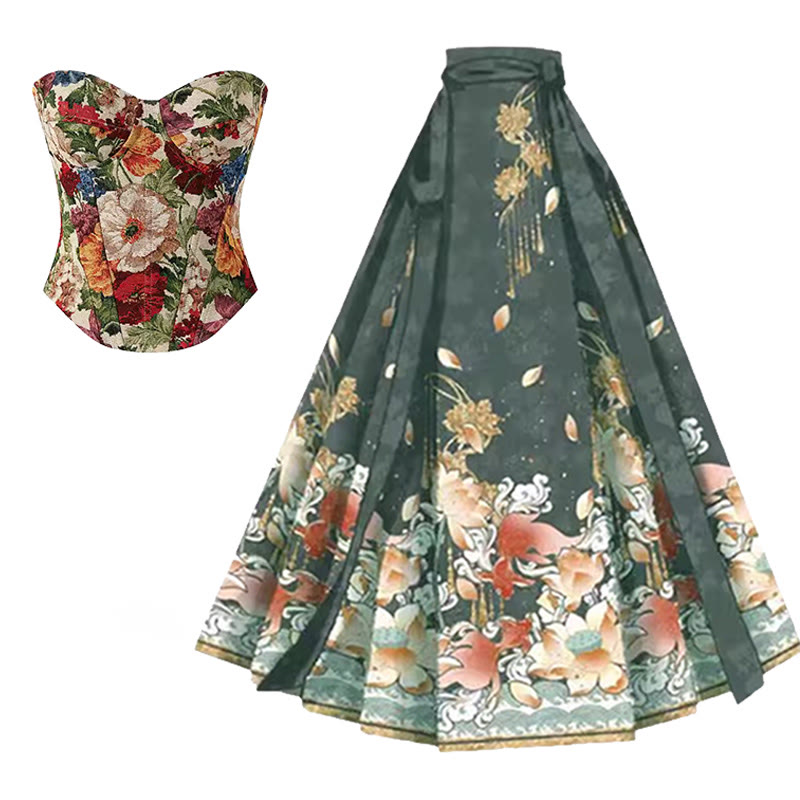 Vintage Floral Corset Top Horse-face Skirt - Top+Green Skirt - XL - image 2