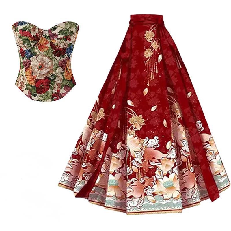 Vintage Floral Corset Top Horse-face Skirt - Top+Red Skirt - XL - image 1