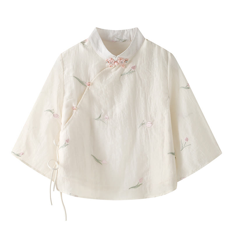 Vintage Buckle Flower Embroidery Top Horse-face Skirt - Top - XL - image 2