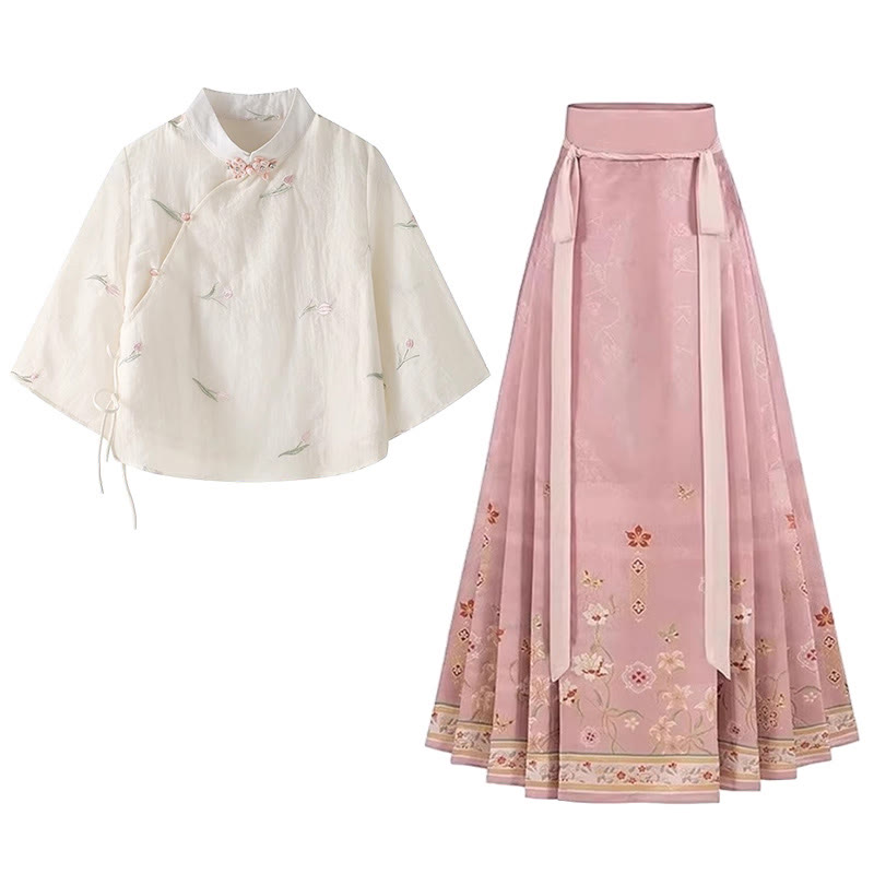 Vintage Buckle Flower Embroidery Top Horse-face Skirt - Top+Skirt - XL - image 1