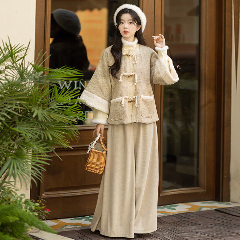 Vintage Square Neck Jacket Buckle Top Wide Leg Pants Three Pieces Set - Camel - L - image 3