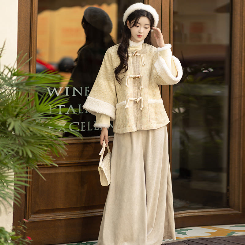 Vintage Square Neck Jacket Buckle Top Wide Leg Pants Three Pieces Set - Beige - L - image 2