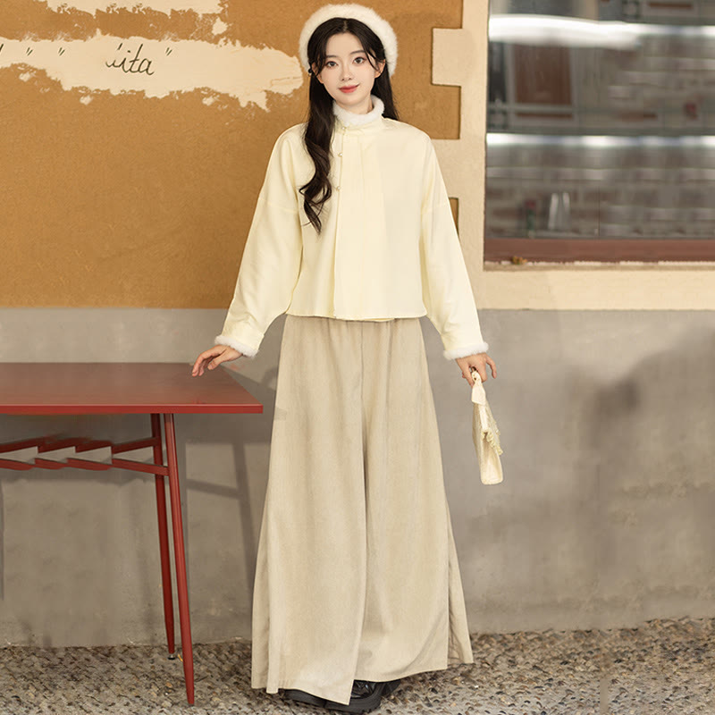 Vintage Square Neck Jacket Buckle Top Wide Leg Pants Three Pieces Set - image 6