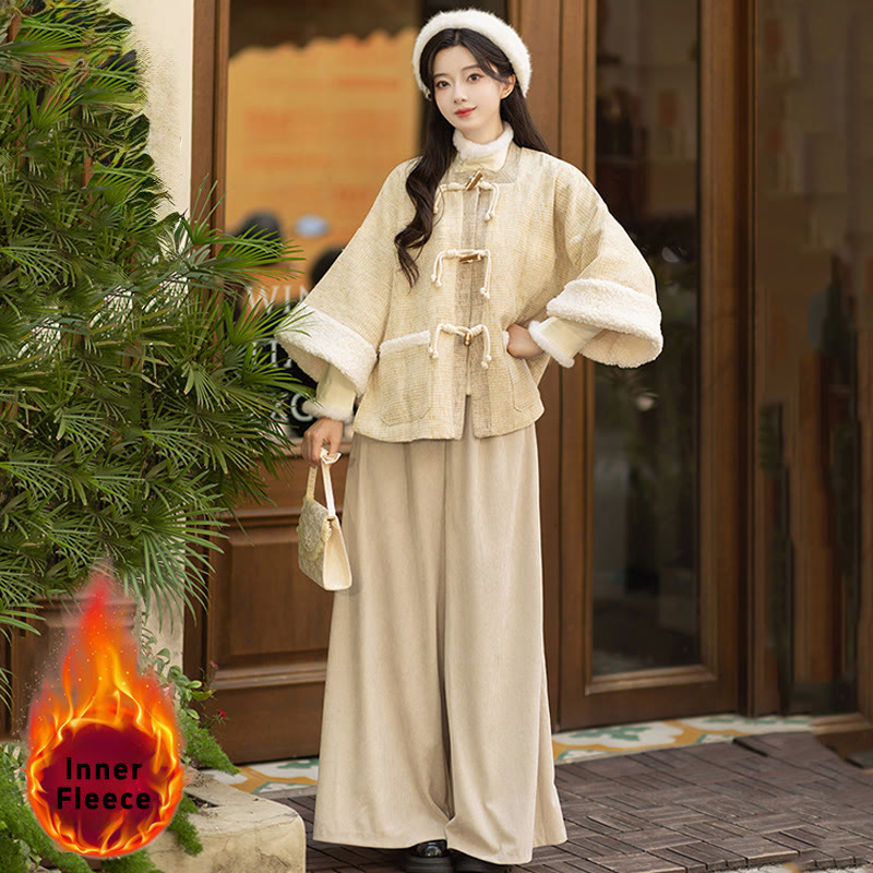 Vintage Square Neck Jacket Buckle Top Wide Leg Pants Three Pieces Set - Beige Inner Fleece - L - image 4