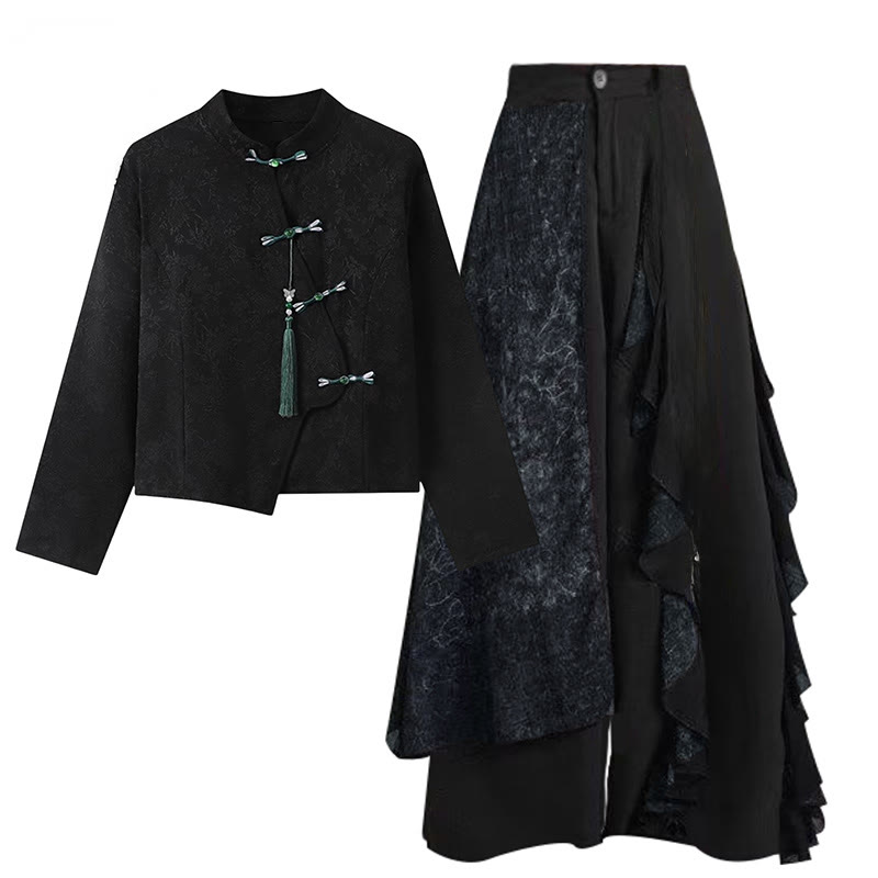 Vintage Buckle Tassel Top Wide Leg Pants - Black Top+Pants - XL - image 2