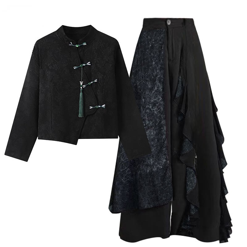 Vintage Buckle Tassel Top Wide Leg Pants - Black Top+Pants - XL - image 2