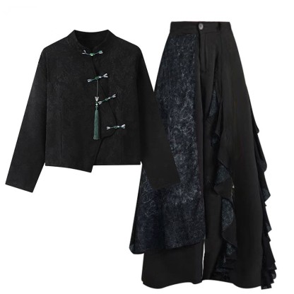 Vintage Buckle Tassel Top Wide Leg Pants - Black Top+Pants - XL - image 2