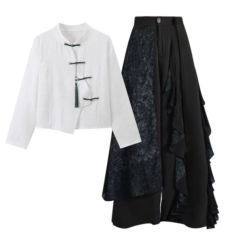 Vintage Buckle Tassel Top Wide Leg Pants - White Top+Pants - XL - image 1