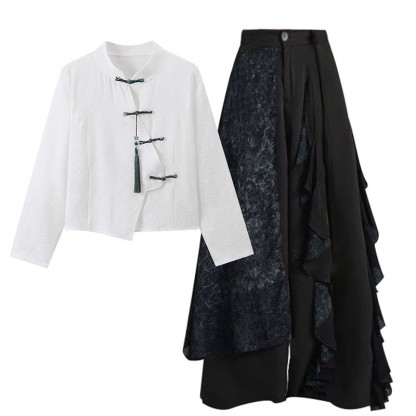 Vintage Buckle Tassel Top Wide Leg Pants - White Top+Pants - XL - image 1