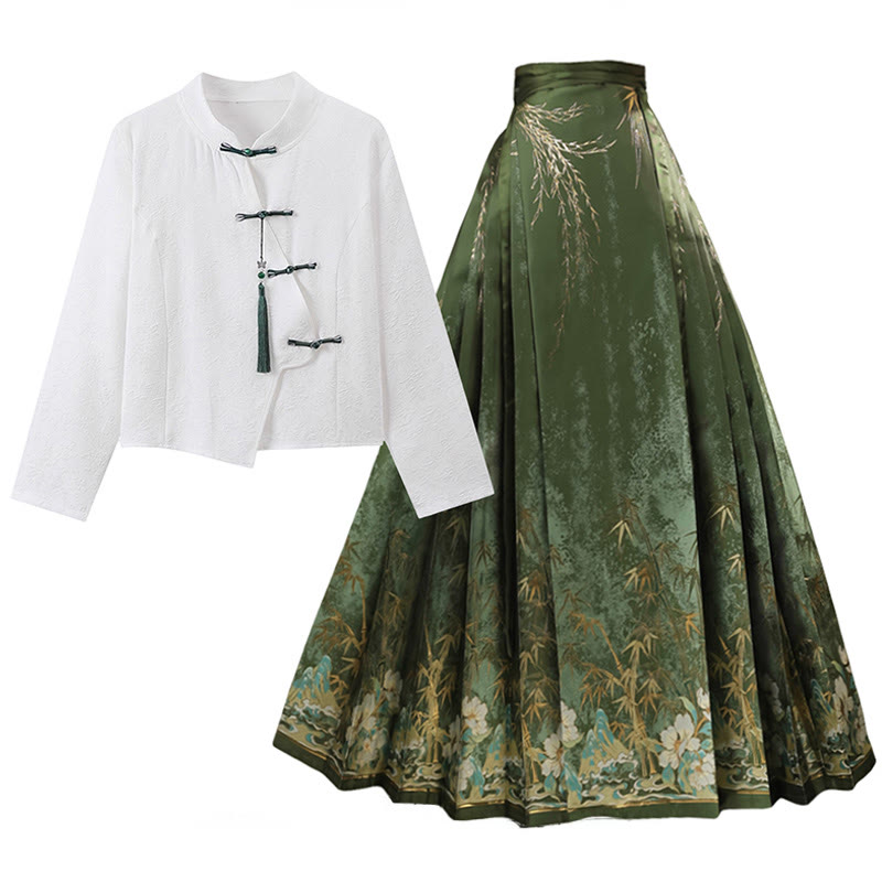 Vintage Buckle Top Flower Print Horse-face Skirt - White Top+Skirt - XL - image 2