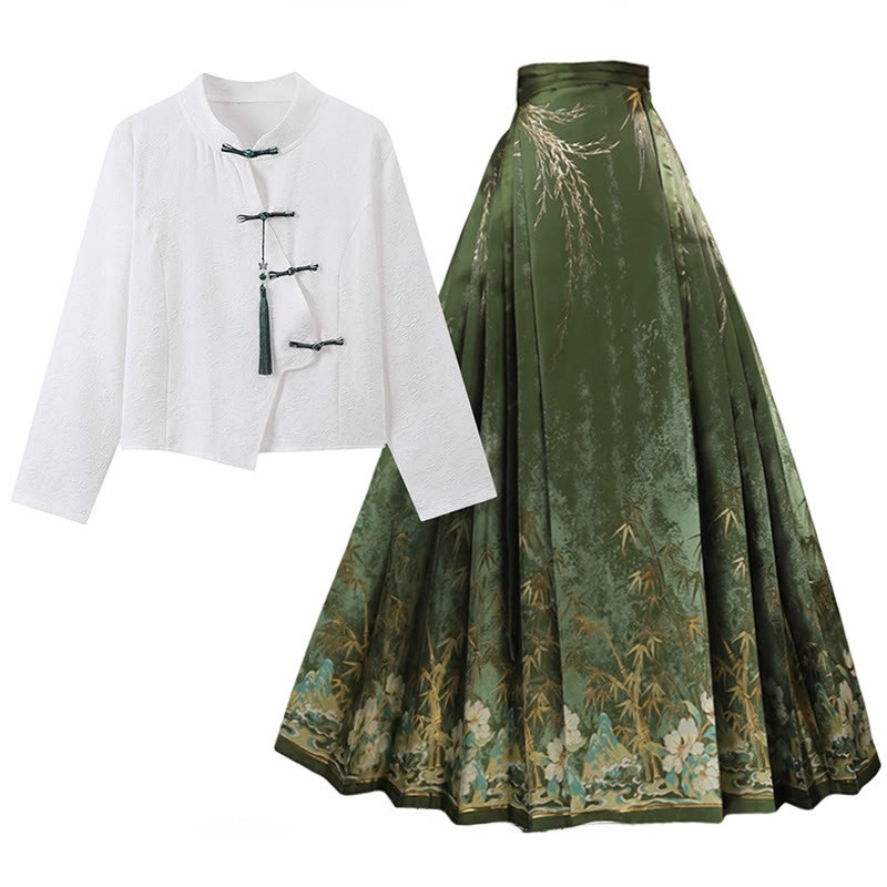 Vintage Buckle Top Flower Print Horse-face Skirt - White Top+Skirt - XL - image 2
