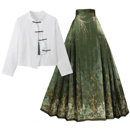 Vintage Buckle Top Flower Print Horse-face Skirt - White Top+Skirt - XL - image 2