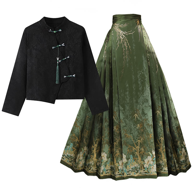 Vintage Buckle Top Flower Print Horse-face Skirt - Black Top+Skirt - XL - image 1