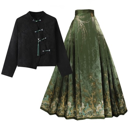 Vintage Buckle Top Flower Print Horse-face Skirt - Black Top+Skirt - XL - image 1