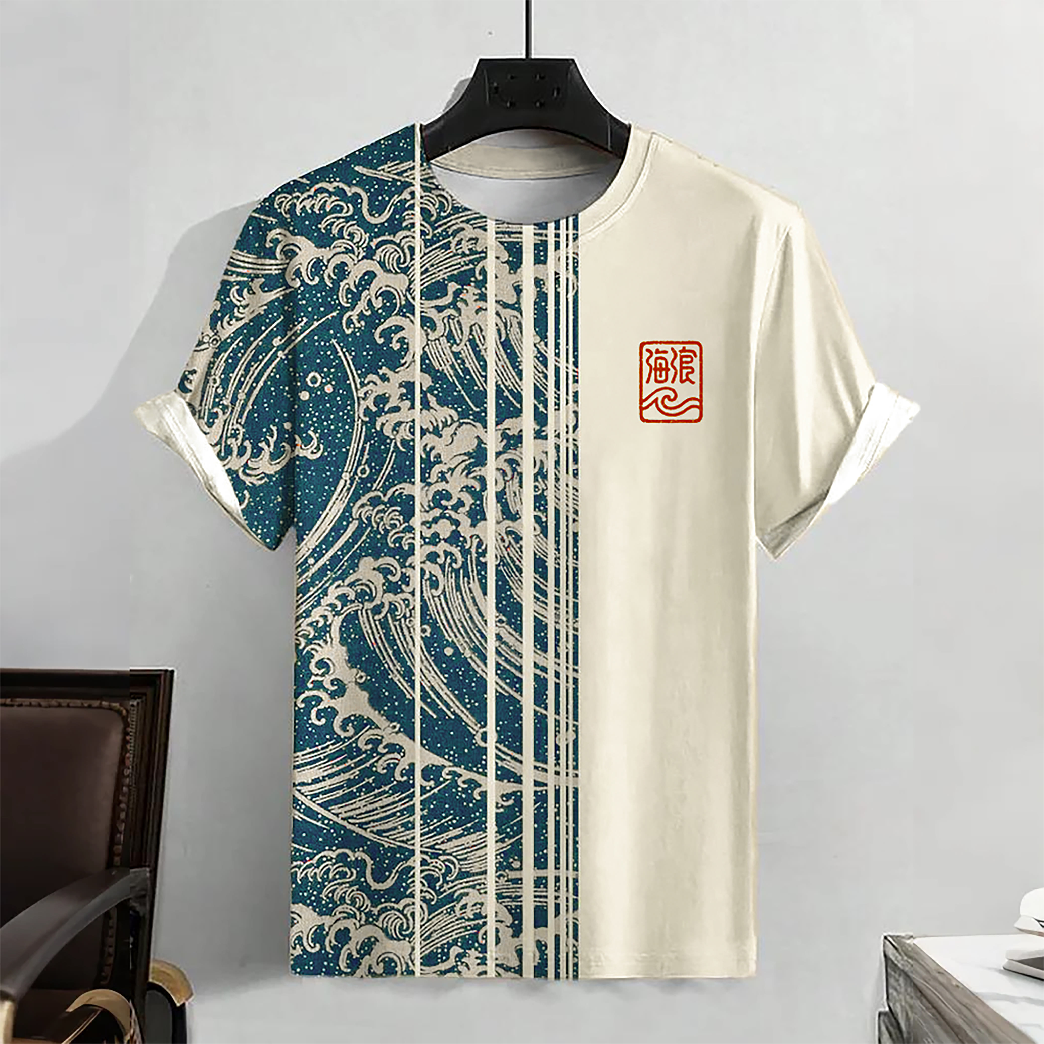 Ocean Wave Colorblock Graphic Casual Short Sleeve T-shirt - Beige - 5XL - image 1