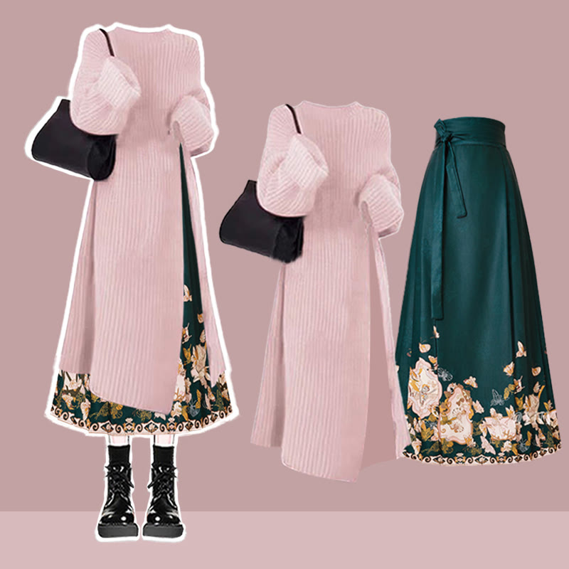 Knit Sweater Dress Flower Print Horse-face Skirt Matching Outfit - Set B - 3XL - image 2