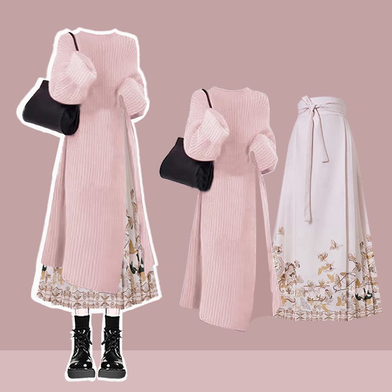 Knit Sweater Dress Flower Print Horse-face Skirt Matching Outfit - Set A - 3XL - image 1