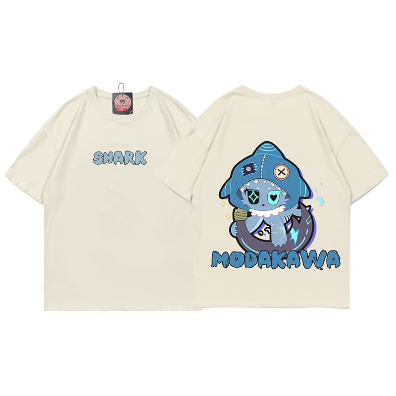MODAKAWA Playful Shark Graphic Dark Aesthetic T-shirt - Beige - C - 5XL - image 9