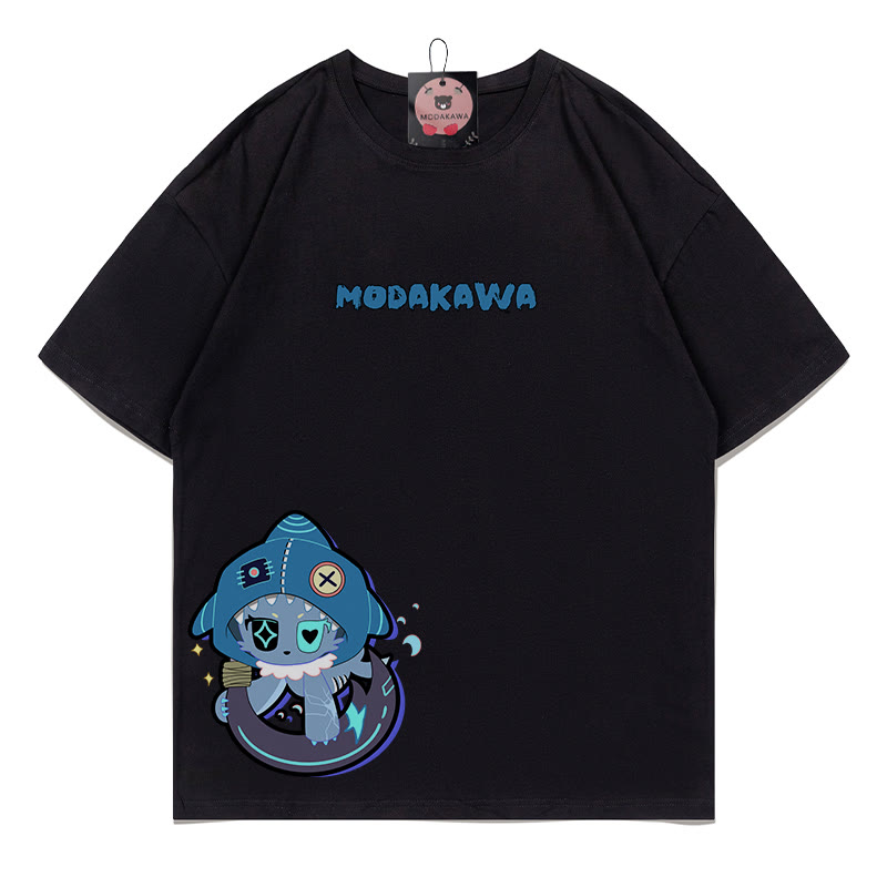 MODAKAWA Playful Shark Graphic Dark Aesthetic T-shirt - Black - B - 5XL - image 2