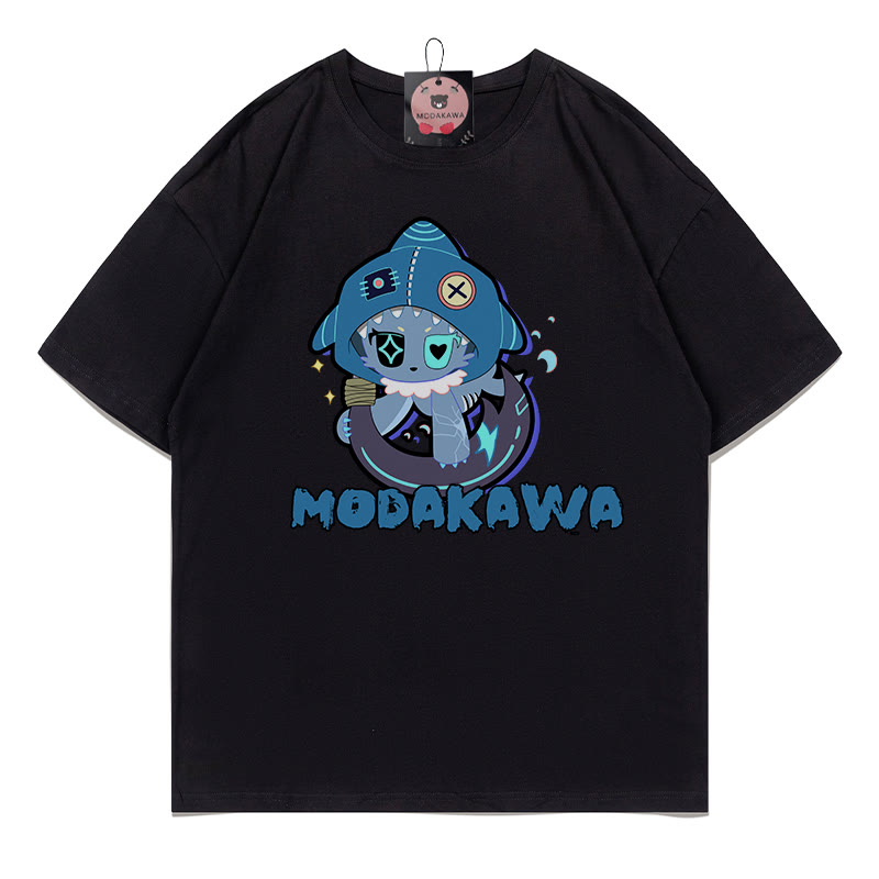 MODAKAWA Playful Shark Graphic Dark Aesthetic T-shirt - Black - A - 5XL - image 1