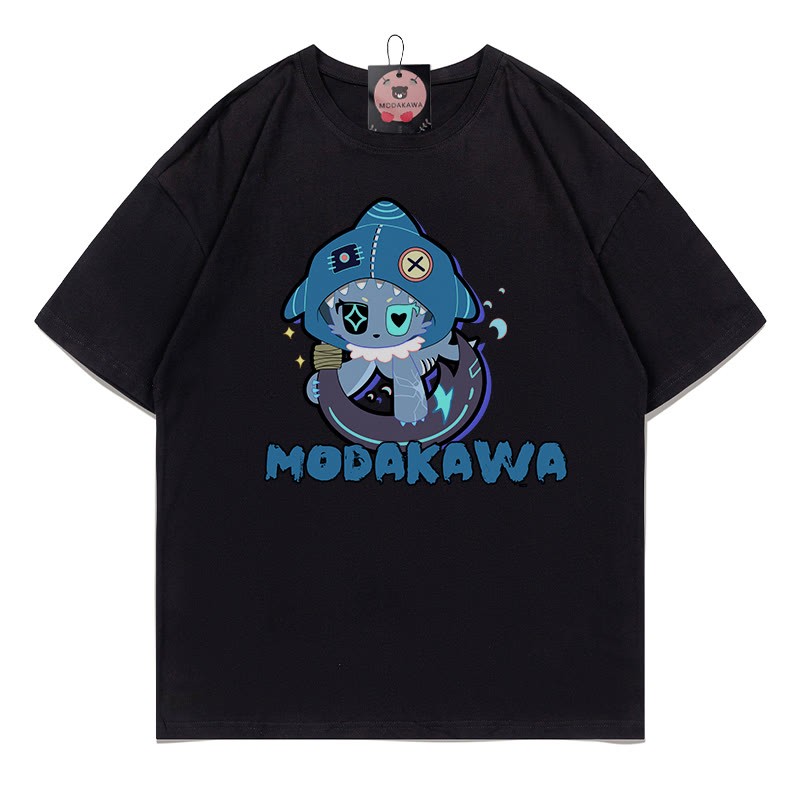 MODAKAWA Playful Shark Graphic Dark Aesthetic T-shirt - Black - A - 5XL - image 1