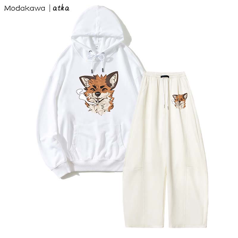 MODAKAWA X atka Fox Smoking Graphic Hoodie Wide Leg Pants Two Pieces Set - White - 5XL - image 2