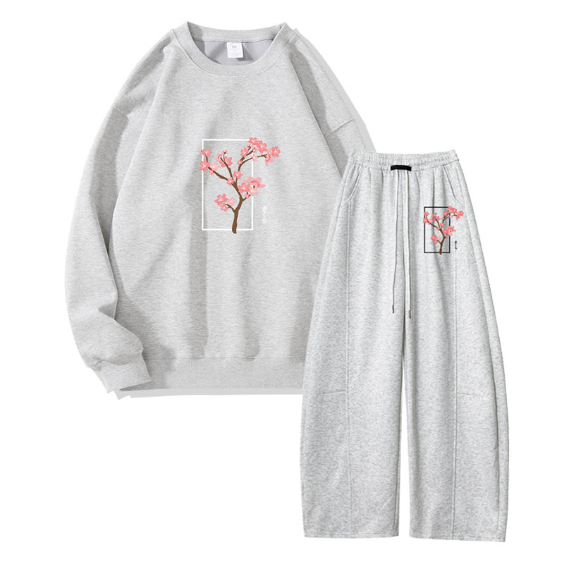 MODAKAWA Cherry Tree Graphic Sweatshirt Wide Leg Pants Two Pieces Set - Grey - 5XL - image 3