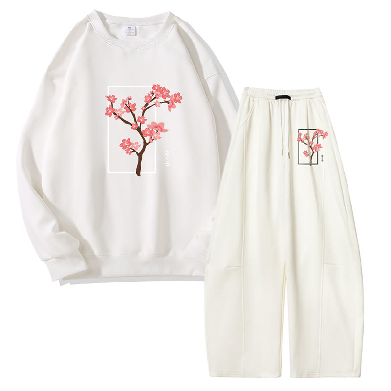MODAKAWA Cherry Tree Graphic Sweatshirt Wide Leg Pants Two Pieces Set - White - 5XL - image 2