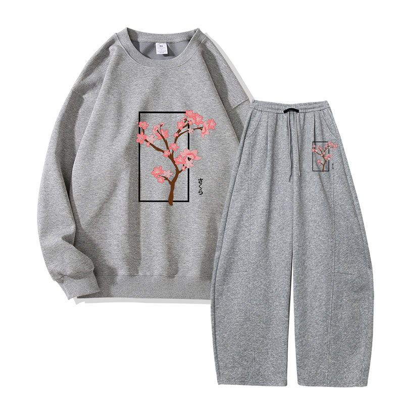 MODAKAWA Cherry Tree Graphic Sweatshirt Wide Leg Pants Two Pieces Set - Dark Grey - 5XL - image 4