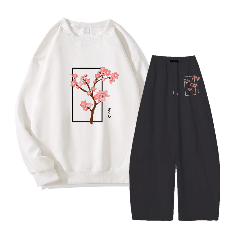 MODAKAWA Cherry Tree Graphic Sweatshirt Wide Leg Pants Two Pieces Set - White&Black - 5XL - image 1