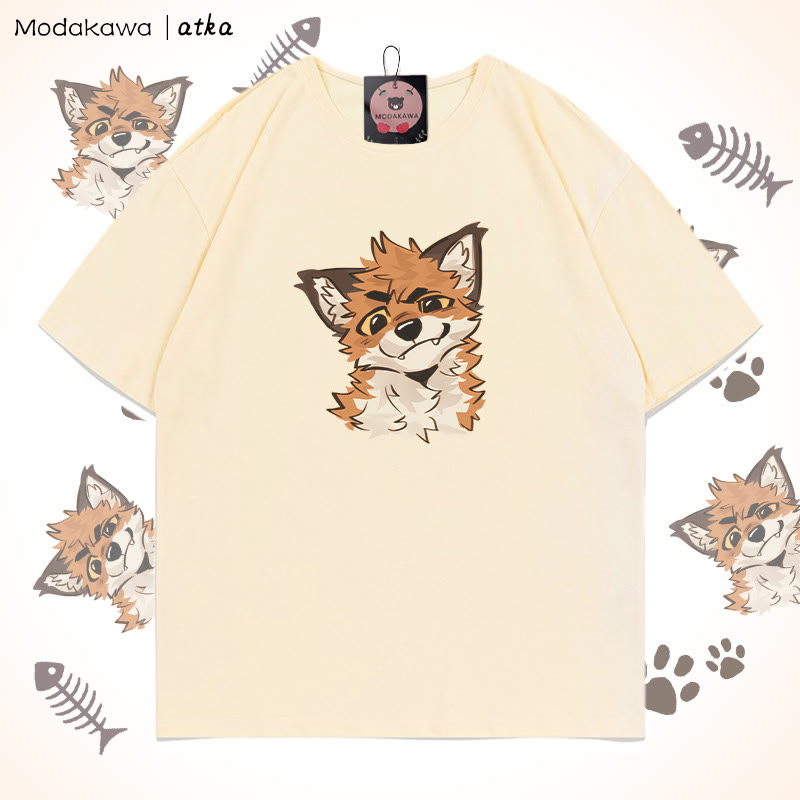 MODAKAWA X atka Funny Fox Graphic T-shirt - Apricot - 5XL - image 4